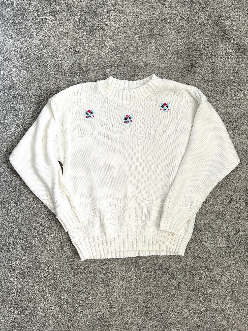 Metro Vintage White Cottagecore Tiny Floral Embroidered Knit Sweater Sz Medium